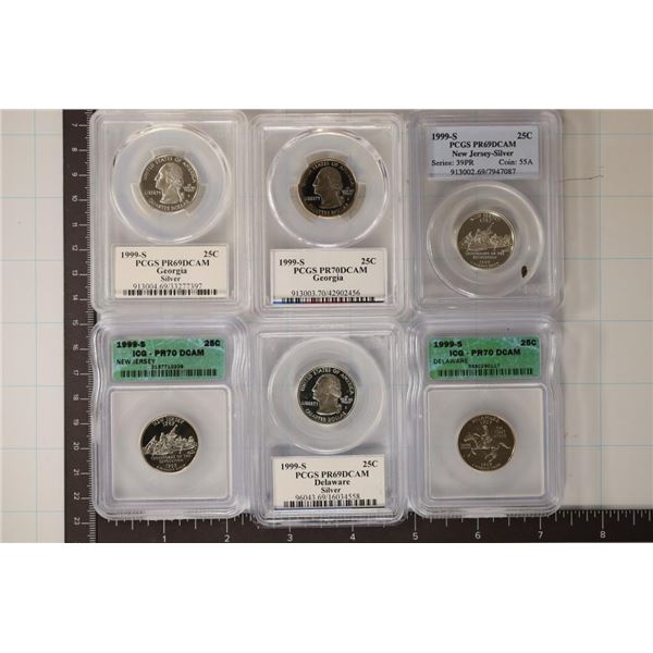 6 SLABBED US QUARTERS: 1999-S SILVER PCGS PR69