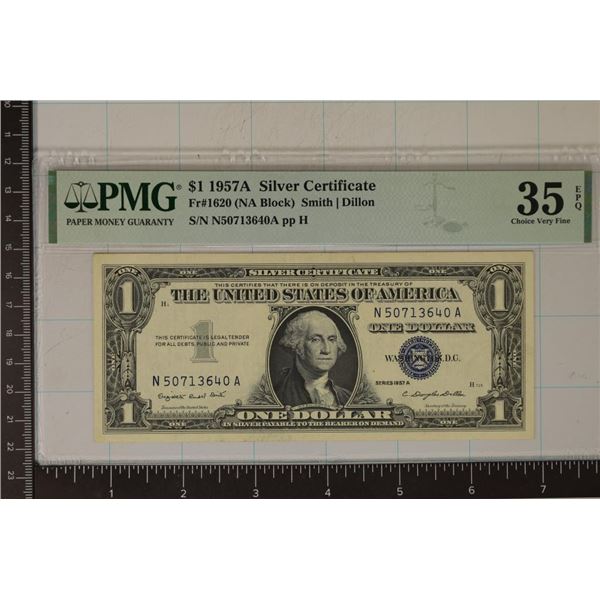 1957-A US $1 SILVER CERTIFICATE PMG 35 CHOICE VF