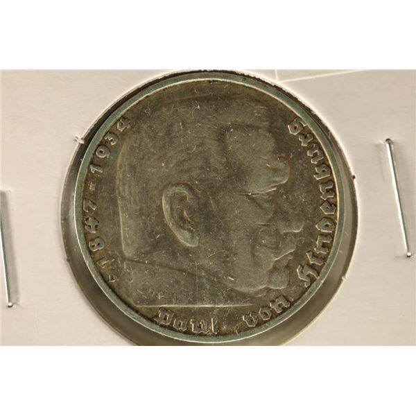1936-D GERMAN SILVER 5 MARK .4016 OZ. ASW