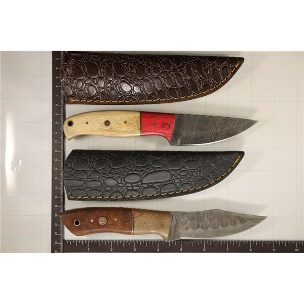 2 DAMASCUS STEEL KNIVES NEW WITH LEATHER SHEATHS: