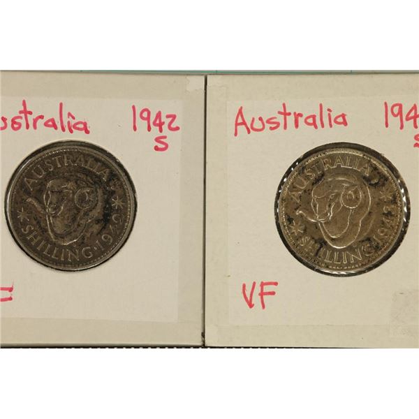 1942-S & 1943-S SILVER AUSTRALIA 1 SHILLING COINS: