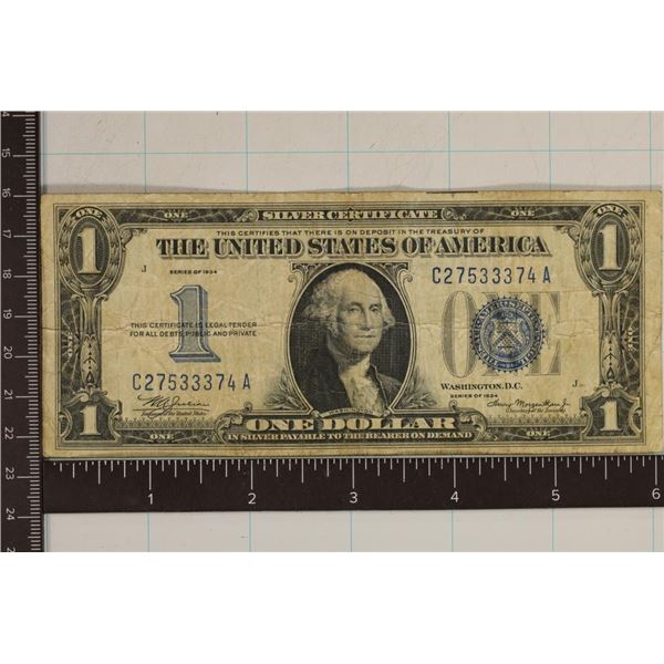 1934 US $1 SILVER CERTIFICATE FUNNY BACK BLUE SEAL