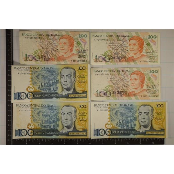 3-1986 & 3-1990 BRAZIL 100 CRUZEIROS BILLS