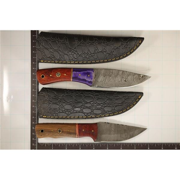 2 DAMASCUS STEEL KNIVES NEW WITH LEATHER SHEATHS: