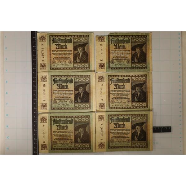 6-1922 GERMAN 5000 MARK BILLS, 1 BILL IS MISSING A