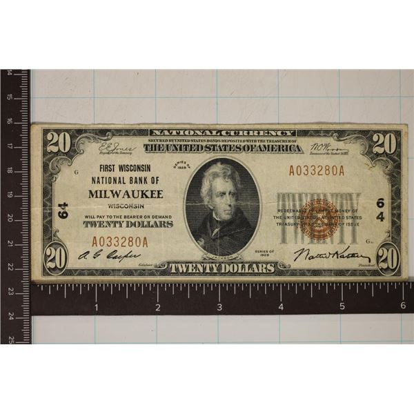1929 US $20 NATIONAL CURRENCY BROWN SEAL