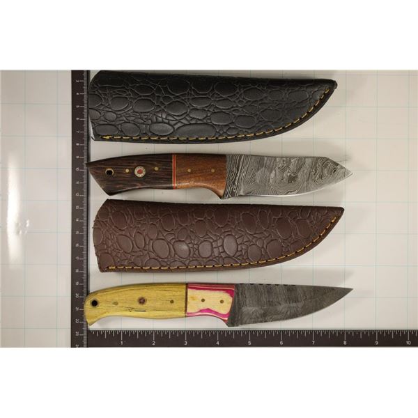 2 DAMASCUS STEEL KNIVES NEW WITH LEATHER SHEATHS: