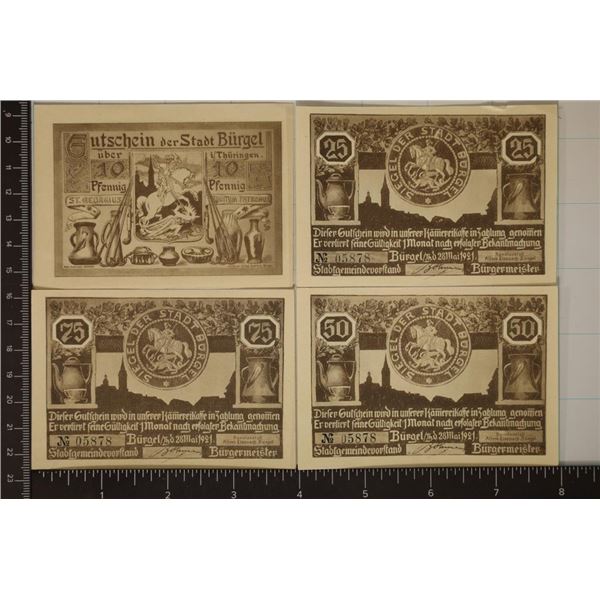 4-1921 GERMAN NOTGELDS CRISP UNC 10, 25, 50 &