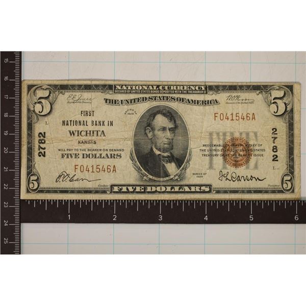 1929 US $5 NATIONAL CURRENCY BROWN SEAL 1ST