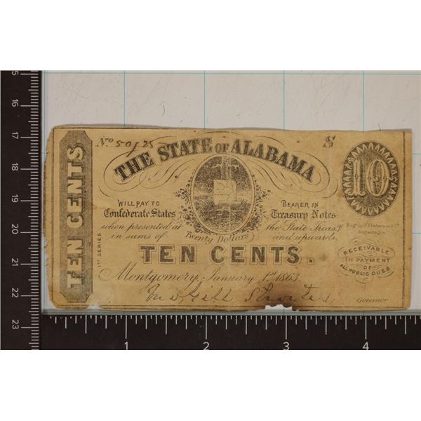 1863 STATE OF ALABAMA 10 CENT OBSOLETE BANK NOTE