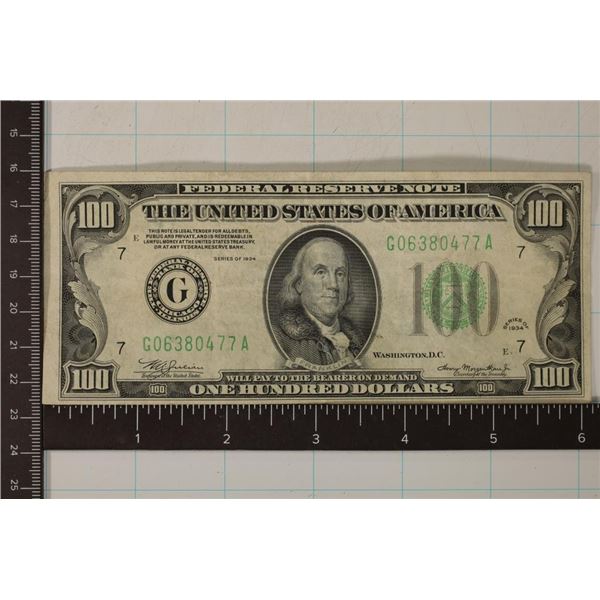 1934 US $100 FRN GREEN SEAL LARGE OFF CENTER