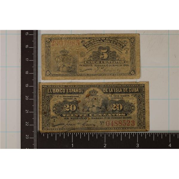 2-1800'S CUBA BILLS 1896 5 CENTAVO 1897 20 CENTAVO