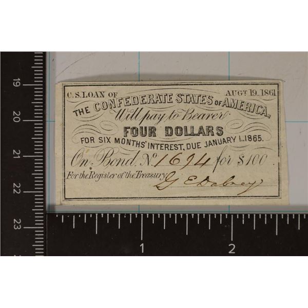 1861 CONFEDERATE STATES OF AMERICA $4 BOND