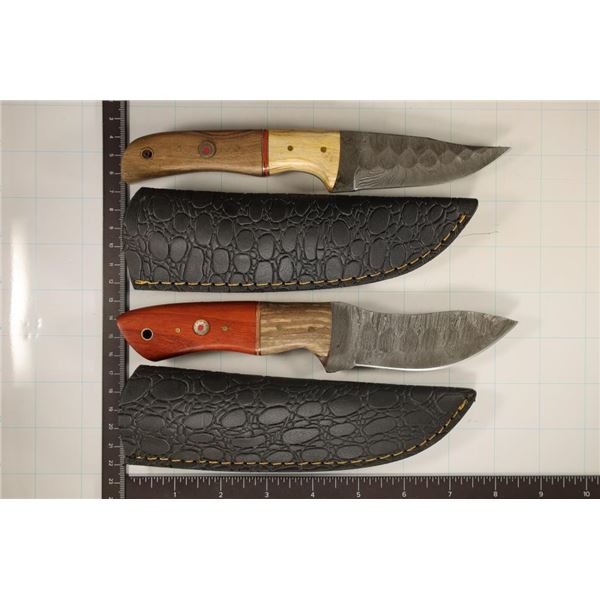 2 DAMASCUS STEEL KNIVES NEW WITH LEATHER SHEATHS: