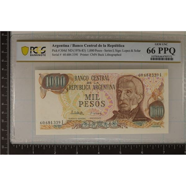 ARGENTINA 1000 PESO BILL PCGS PPQ GEM UNC