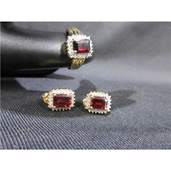 Ring & Earrings Set - 10K with Diamonds & Possible Garnets