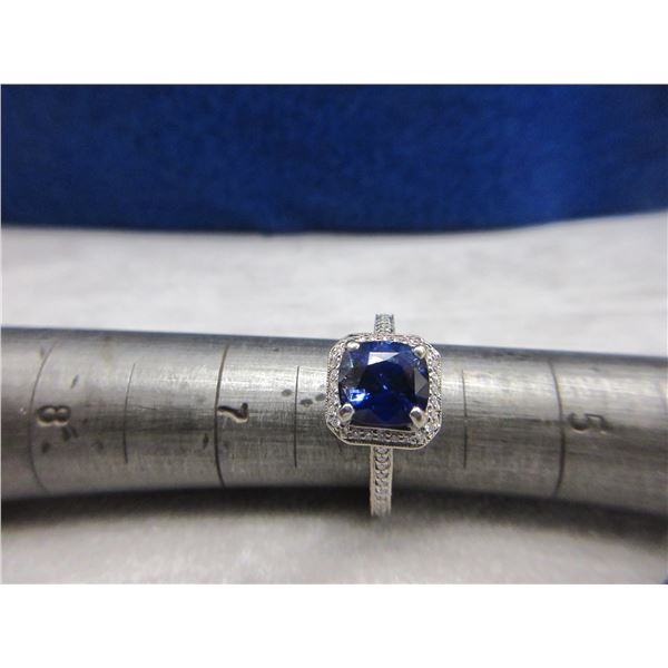 Lady's Sapphire & Diamond Halo Ring, 18K White Gold