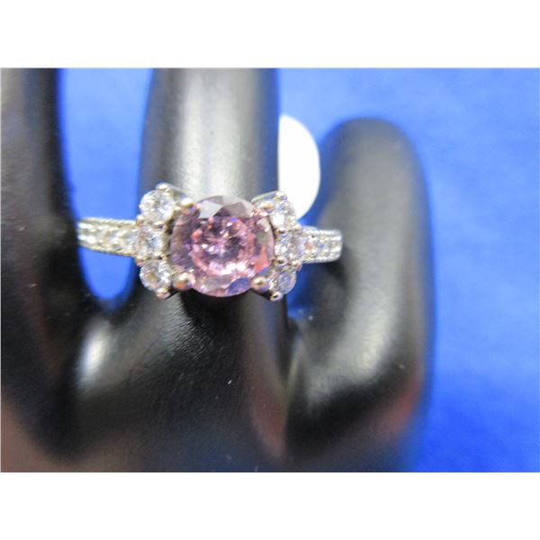 Lady's Sterling (.925) Silver Ring with Pink Stone & Crystals