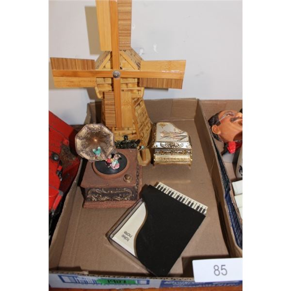 Windmill coin bank, music boxes and note book