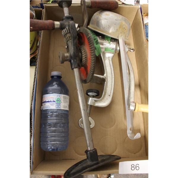 Hand operated meat grinder, water dipper and