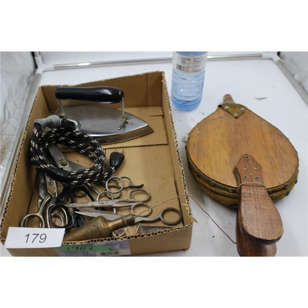 Fire bellow, electric vintage iron, scissors, etc