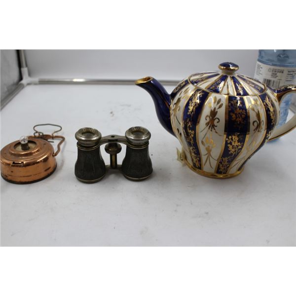 vintage tea pot, binoculars, A&W mug, cologne