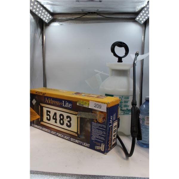 Illuminated address, porch, light, pump sprayer