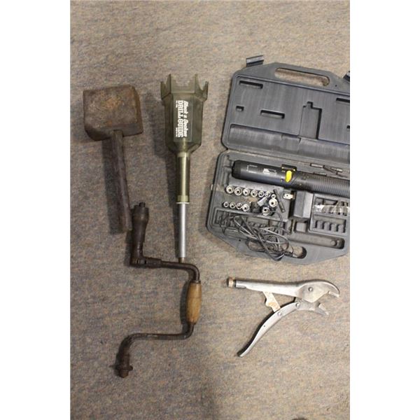 Hand drill, vice grips, tool set, etc