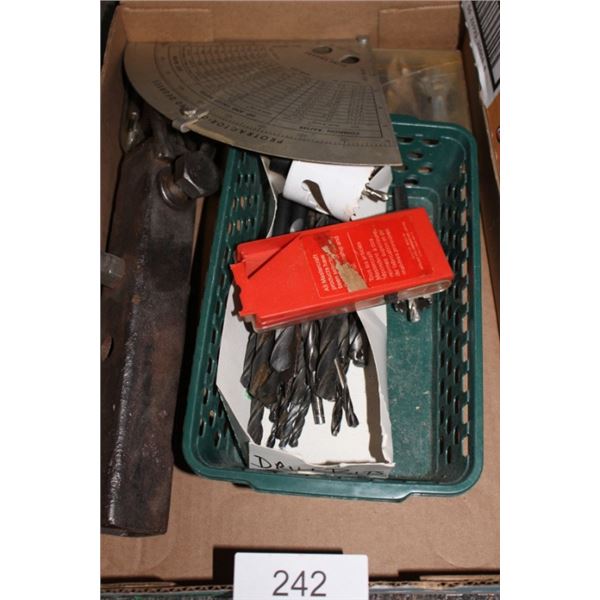 Assorted drill bits, protractor, tool kit, etc