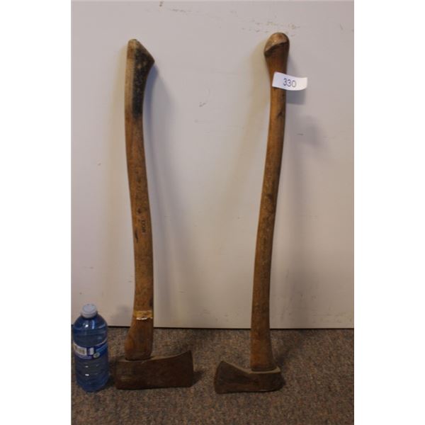 2 axes with wooden handles