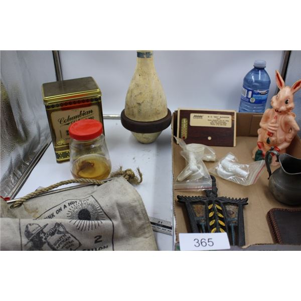 Bowling pin, thermometer, water bag, bug in a jar