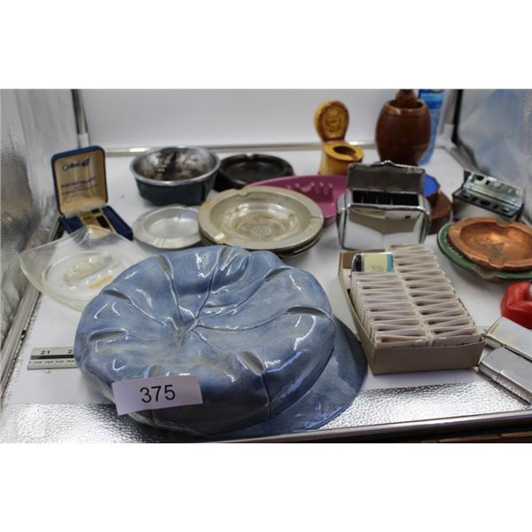 Assortment of ashtrays, lighters, and matches
