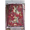 Image 1 : 100% hand made Iranian wool carpet "Tabriz" with cranberry background and hunt scene with two mounte