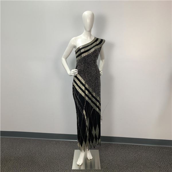 Fabrica One Shoulder Sequins Black Pure Silk Evening Dress