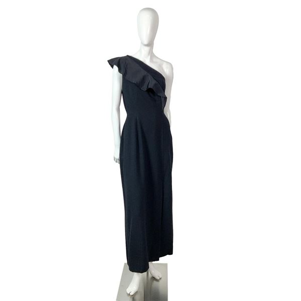 Pauline Trigere One Sleeve Black Wool Evening Dress
