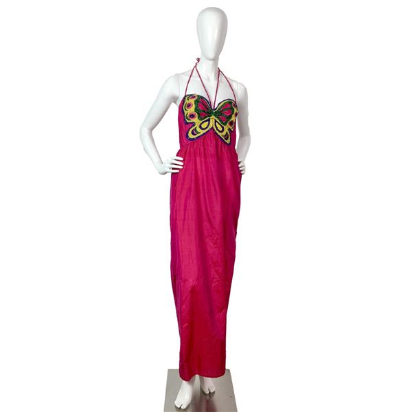 Vintage Fuchsia Silk & Embroidered Sequins Strapless Dress