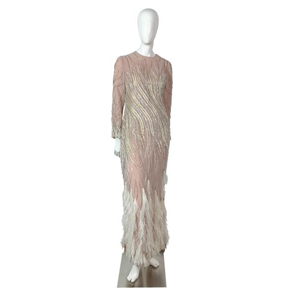Ruben Panis Embroidered Silk Chiffon & Feather Evening Dress