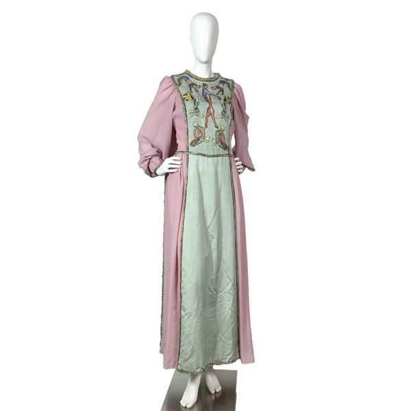 Medieval Inspired Hand Embroidered Pink and Green Dress