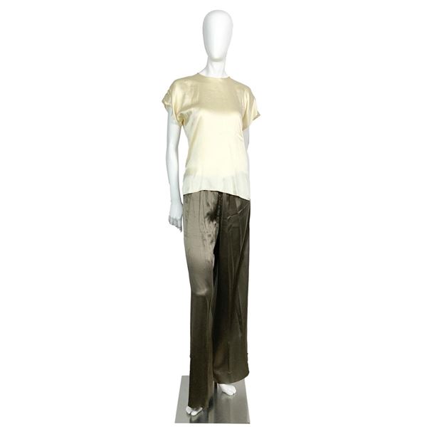 2 Pcs Cream & Brown Silk Pajama and Camisole Loungewear Set