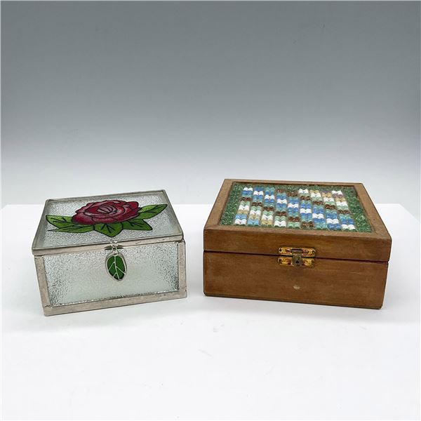 2pc Decorative Textured Glass and Wooden Vanity Boxes