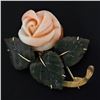 Image 3 : Vintage 14K Yellow Gold Carved Pink Coral Rose Flower w/ 3 Jade Leaf Brooch Pin