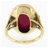 Image 6 : Antique Arts & Crafts 14K Gold Cabochon Red Stone w/ Floral Sides Solitaire Ring