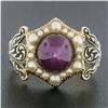 Image 2 : Vintage 18k Gold 3.5 ctw Cabochon Star Ruby & Pearl Halo w/ Black Enamel Band Ri