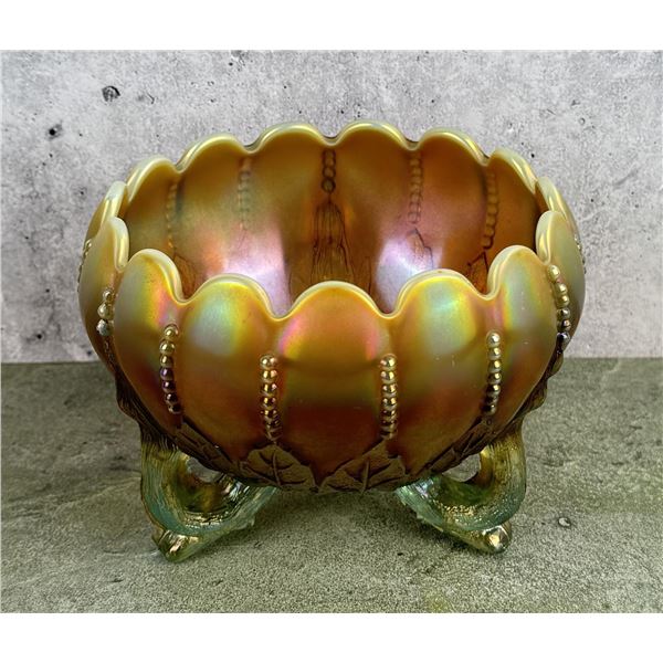 Northwood Carnival Glass Leaf & Beads Rose Bowl