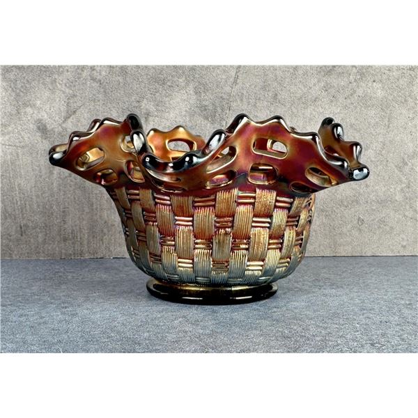 Fenton Carnival Glass Basket Weave Rose Bowl