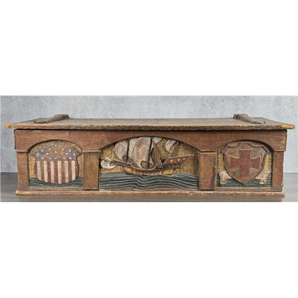 Trench Art Folk Art Carved Painted Wood Trunk
