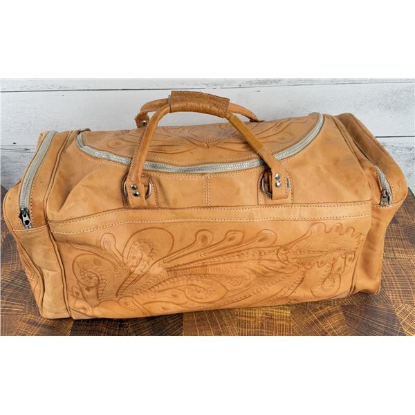 Vintage Tooled Leather Cowboy Duffel Bag