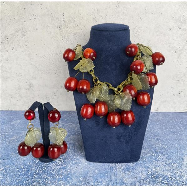 Lucite & Bakelite Cherry Necklace and Earrings
