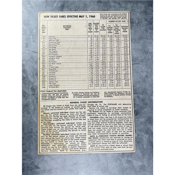 1960 Time Table Ticket Fare Railroad Sign