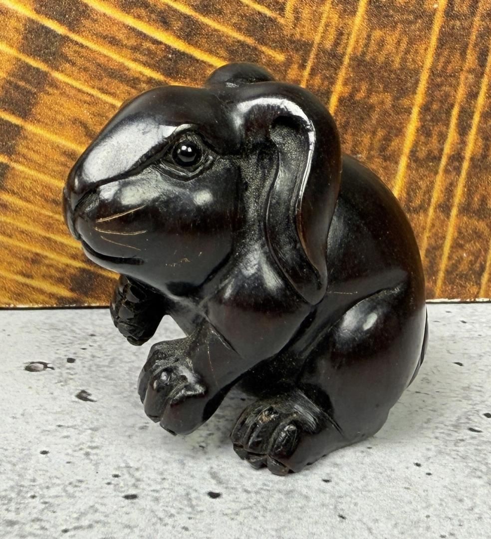 Japanese Carved Wood Netsuke Rabbit